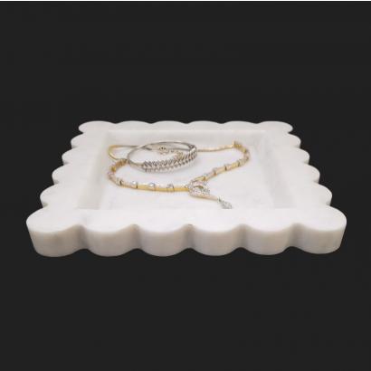 Decorative Round Edged Rectangular White Marble Tray